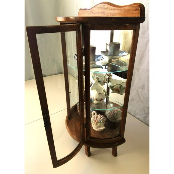Vintage Wood Curio Cabinet Glass Door Half Round Includes 5 Vintage Figurines - Picture 7 of 9